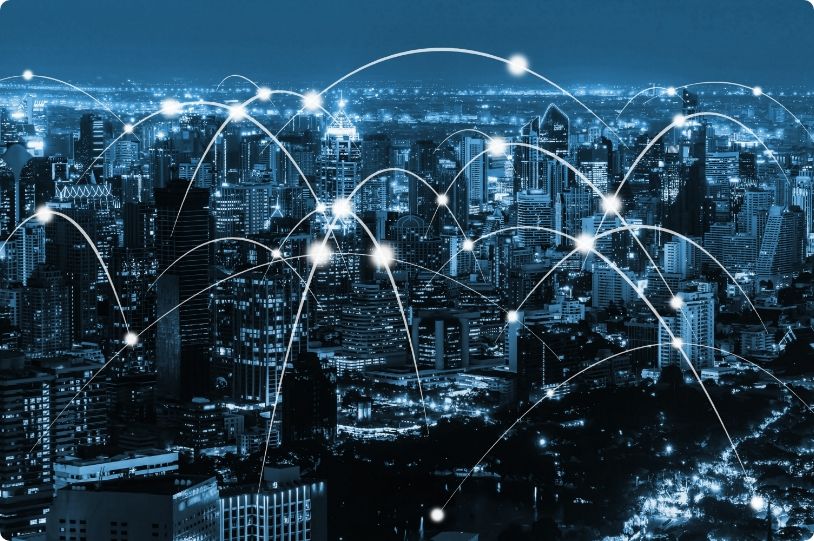 Night town with signals between routers and antennas