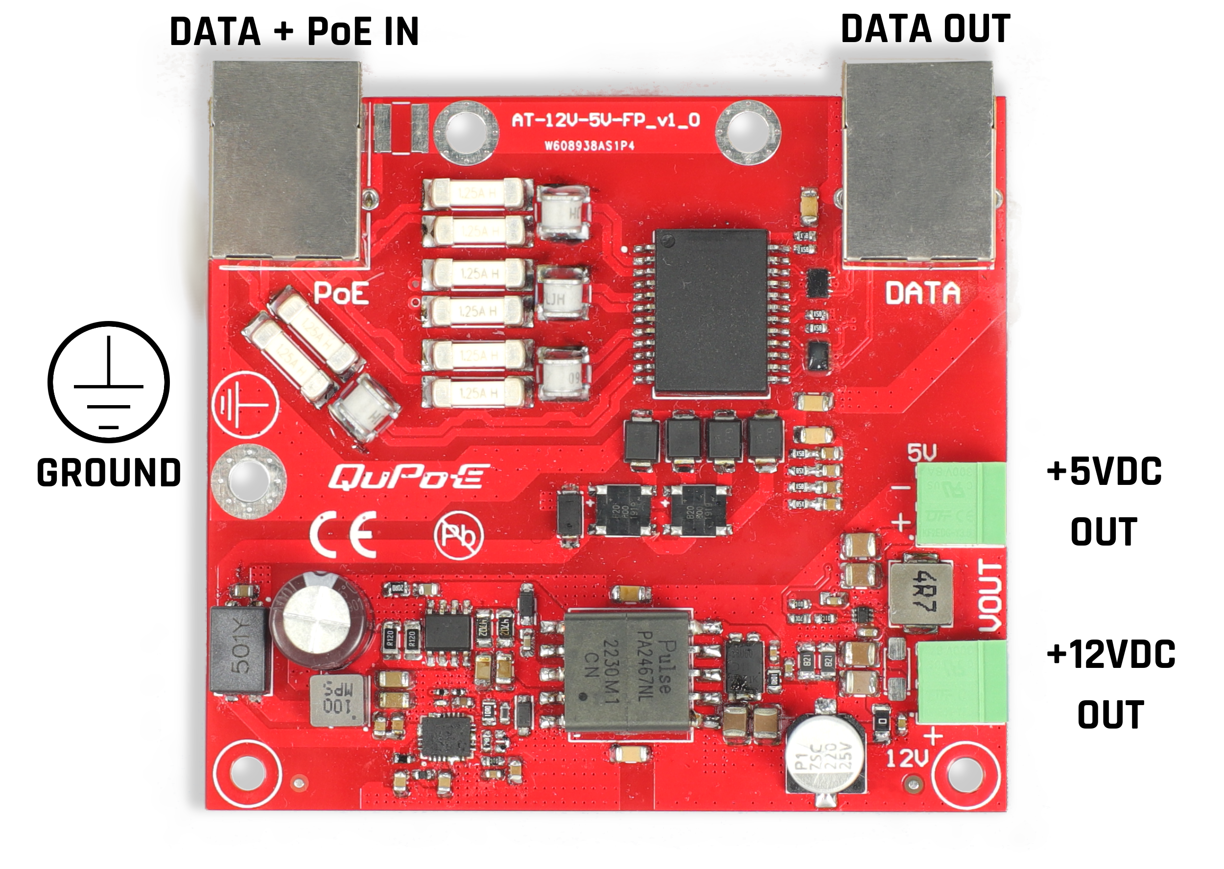 Working scheme of QuPoE AT-12V-5V-FP - 802.3at Splitter & Lightning arrester